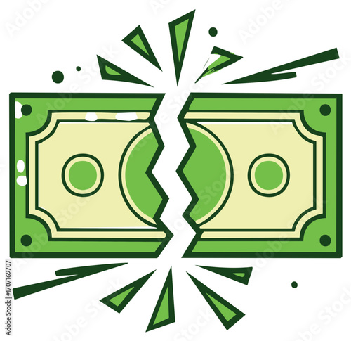 Green dollar bill torn in half symbolizing financial crisis loss debt or economic downturn illustration