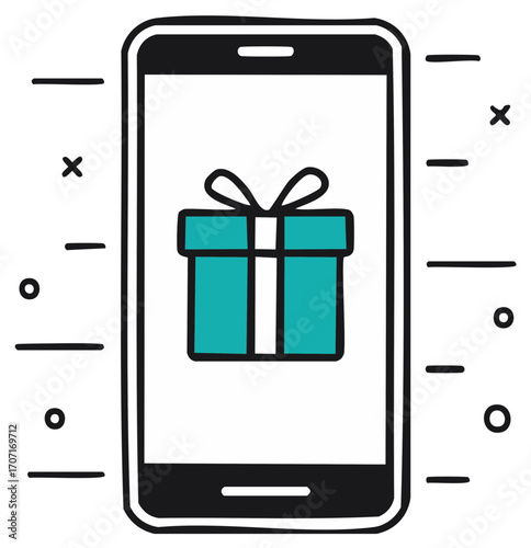 Drawn smartphone displaying a turquoise gift box with a ribbon and bow graphic illustration