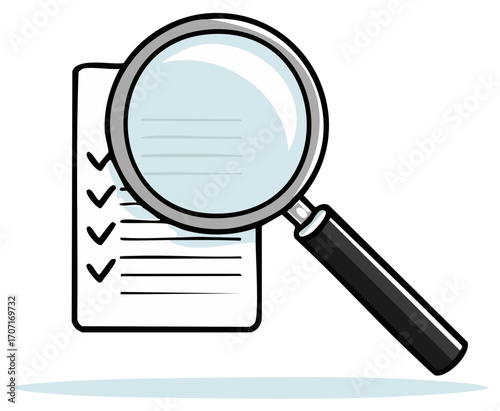 Magnifying glass inspects checklist, signifying investigation, audit, control, review, or verification process