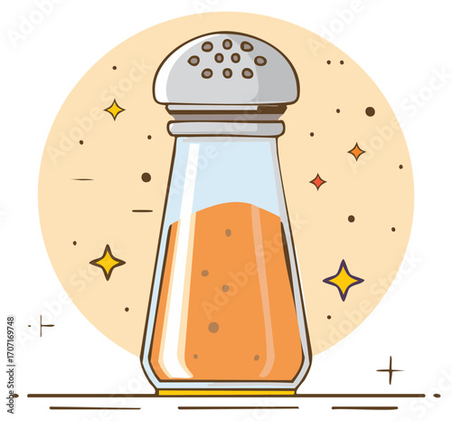 Glass salt shaker with orange contents and shimmering stars illustration