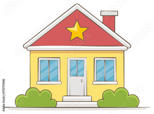 Cute yellow cartoon house with red roof and star symbol illustration