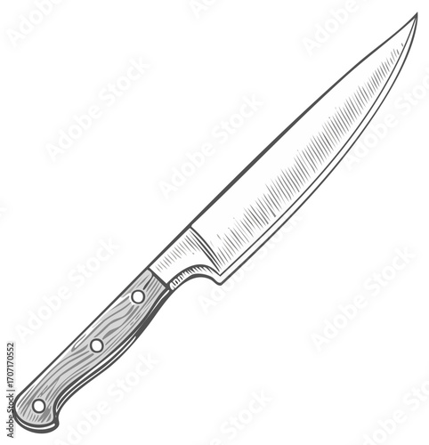 Hand drawn illustration of a kitchen chef knife with wooden handle