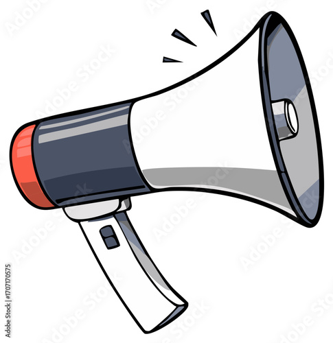 Illustrated cartoon of a megaphone with sound radiating outward for announcement.