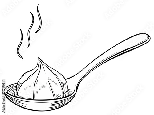 Steaming dumpling on a spoon with wisps of smoke in a sketch style.