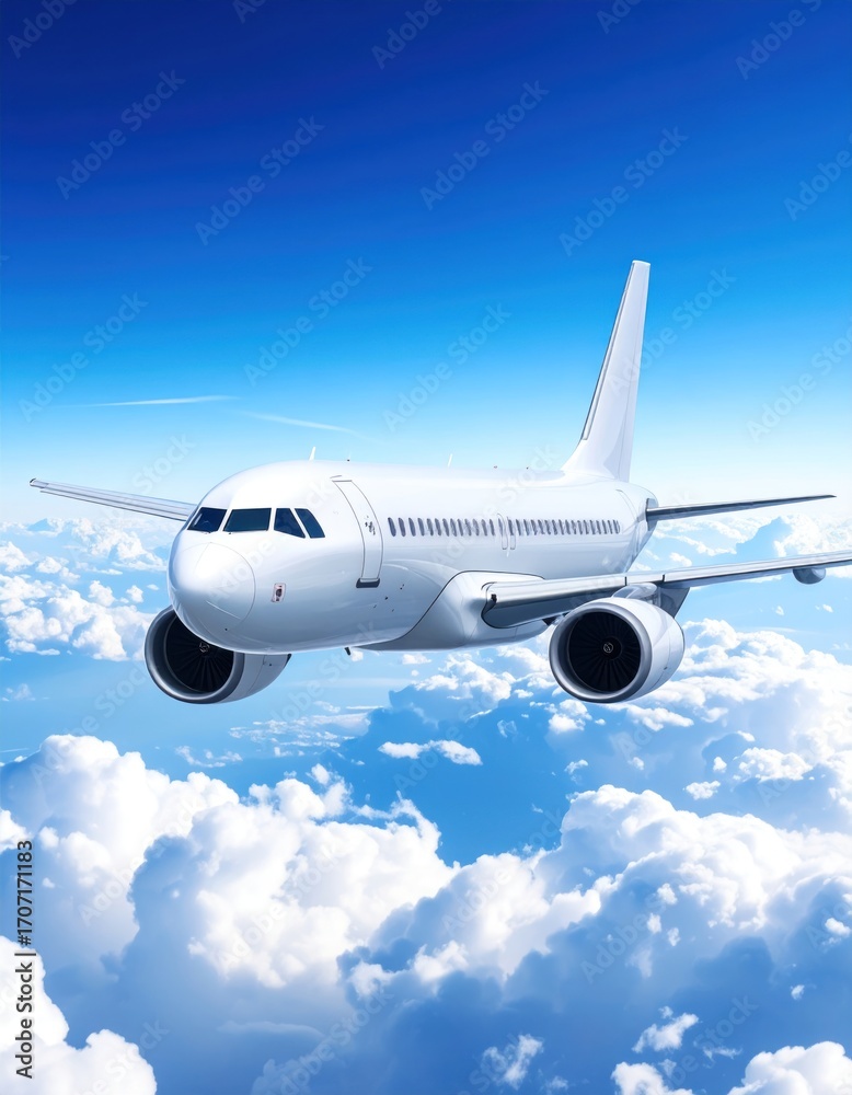 Fototapeta premium Gleaming white airplane soaring high above fluffy white clouds in a bright blue sky, embodying travel and limitless possibilities