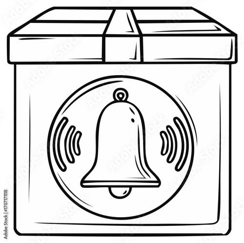 Cartoon illustration of delivery box with bell inside, symbolizing notification or alarm about received package