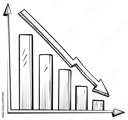 Hand drawn graph with a downward trending arrow, concept of financial decline