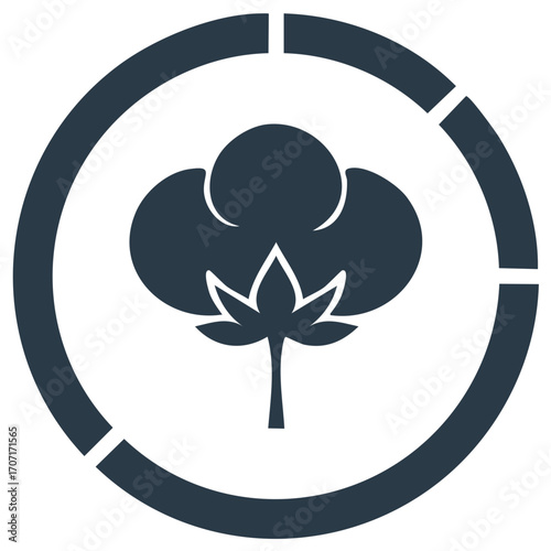 Cotton Flower Symbol Inside a Circular Graphic Element, Black and White Icon