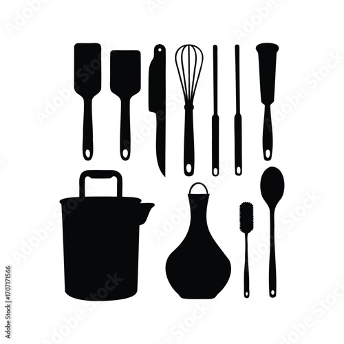 Kitchen utensils in black silhouette, including spatula, pot, whisk, spoon, baking utensilssilhouette vector illustration