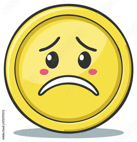Sad yellow emoji coin character with blushing cheeks and worried expression