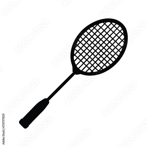 Simple black and white badminton racket illustration for sports design and equipment, badminton racket silhouette vector illustration