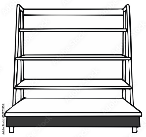 Illustration of an empty retail display stand with shelves and a cabinet for stores and shops
