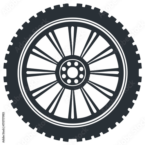 Black and White Wheel with Thick Treads, Spokes and Central Hub Caps a Circular Design for Transportation Equipment Parts