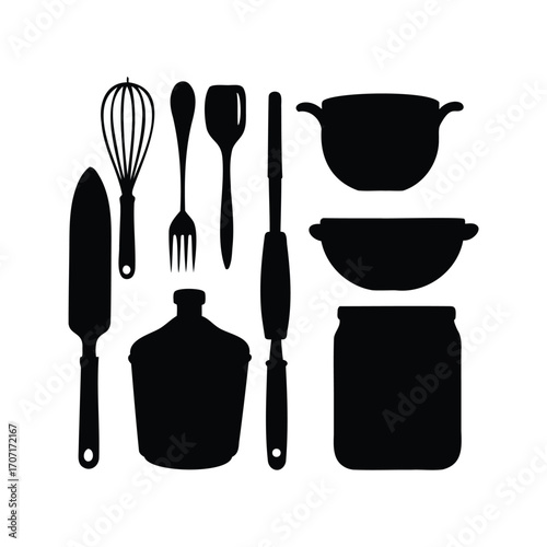 Black silhouette of a variety of kitchen utensils for food preparation, baking utensils silhouette vector illustration