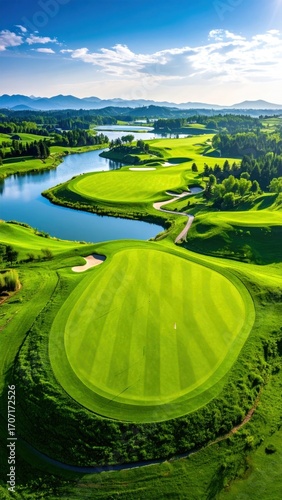Verdant golf course curves beside a tranquil river, framed by distant mountains under a bright sky. Aerial view