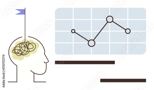 Human head with tangled thoughts in the brain, flag representing goal, chart with connected data points. Ideal for productivity, planning, psychology, decision-making, strategy, growth innovation