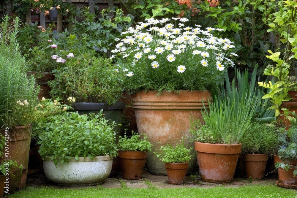 Fototapeta premium Potted herbs and flowers in a garden