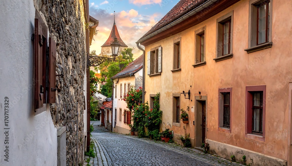 Fototapeta premium Charming European alleyway at sunset