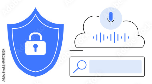 Blue shield with lock emphasizes security, next to cloud storage, voice recognition waves, and search bar. Ideal for data protection, privacy, speech analysis, AI, cloud services research simple