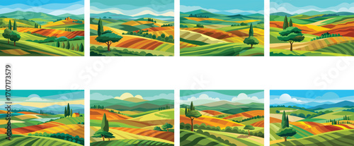 Eight Landscapes Featuring Rolling Hills, Fields, Trees, and Distant Mountains Under Colorful Skies