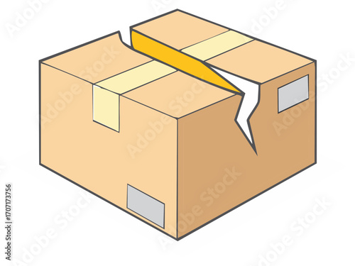 Broken cardboard shipping package with a large tear showing delivery damage vector illustration