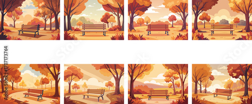Images Showcasing Benches Amidst Autumnal Trees, Evoking Serenity and Seasonal Beauty in Nature