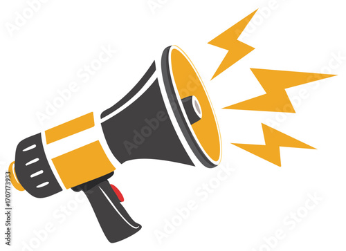 Bold yellow and black megaphone illustration with lightning bolts signifying loud announcement