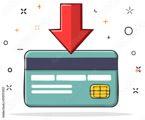 Credit card download icon with arrow shows a debit card with symbols as a finance concept, vector