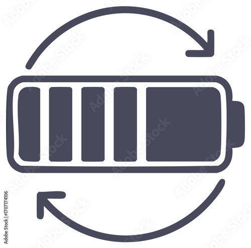 Hand drawn rechargeable battery icon with circular arrows for sustainable energy and recycling concepts