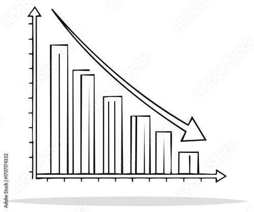Hand Drawn Bar Chart with Downward Arrow Showing Negative Trend