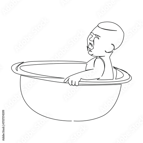One continuous single drawing line art doodle hand, art, child, bath, baby, water, cute, basin, tub. Isolated flat illustration hand draw contour on a white background
