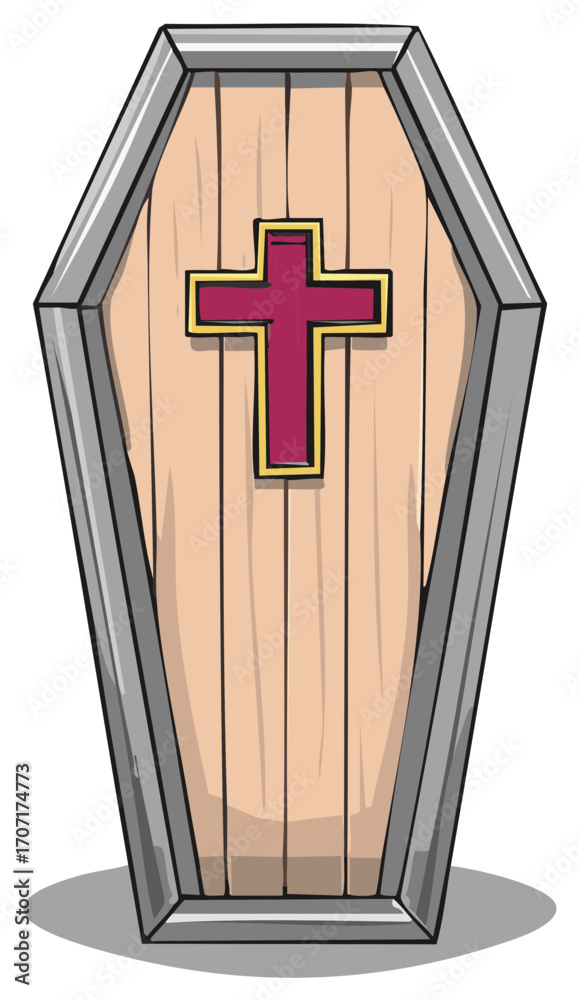 Obraz premium Cartoon Coffin Illustration with Christian Cross Symbol on Wooden Casket and Gray Metal Trim