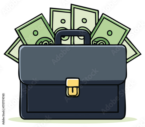 Black briefcase overloaded with green money. Vector illustration of currency in suitcase.