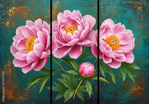 bouquet of pink tulips, Oil painting triptych features large pink peonies with gold leaf accents on canvas. Delicate floral art shows blossoms in various stages, green leaves, buds against dark, textu