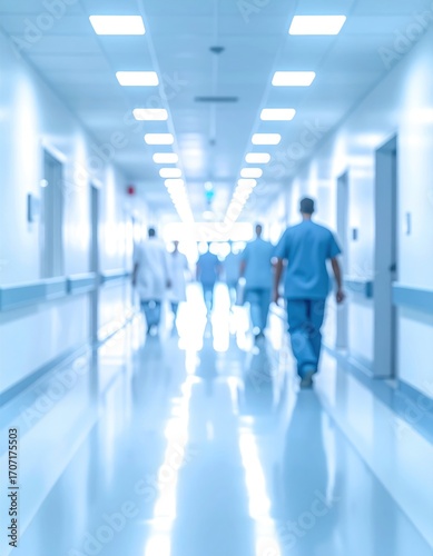 Blurred long, bright hospital hallway with staff walking away towards bright light at the end of the hall