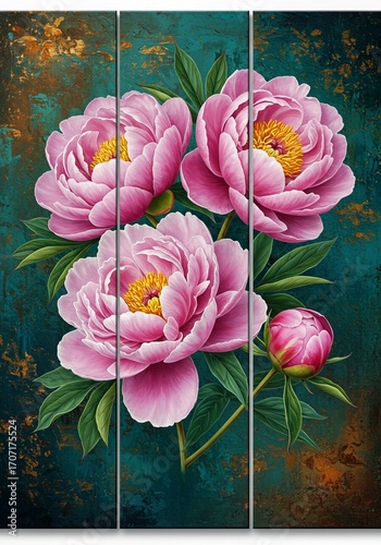 pink lotus flower in water, Oil painting triptych features large pink peonies with gold leaf accents on canvas. Delicate floral art shows blossoms in various stages, green leaves, buds against dark, t