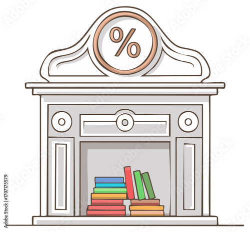 Classic fireplace with stacked books and a percentage sign representing investment in education