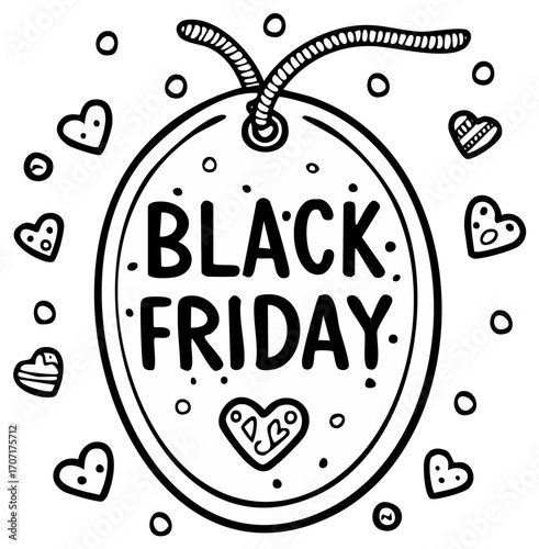 Hand Drawn Black Friday Sale Tag with Hearts and Dots for Holiday Shopping Season