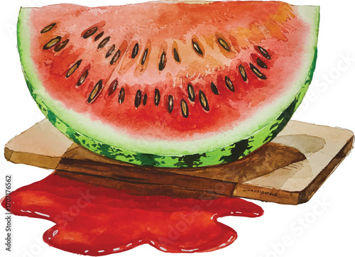 Watercolor Watermelon Slice on Wooden Board Illustration Fresh Summer Fruit Still Life Artistic Painting Food Design Element Isolated on Transparent Backdrop