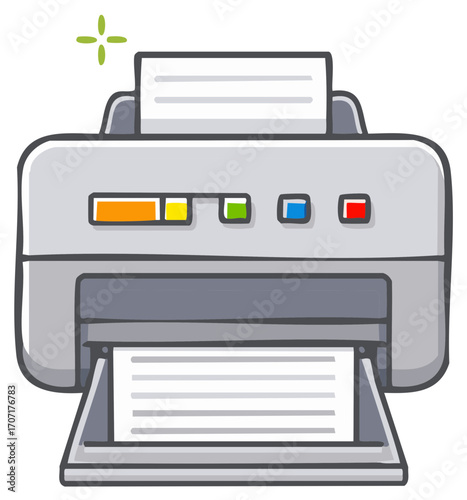 Cartoon Illustration of a Printer Machine Processing Documents in the Office
