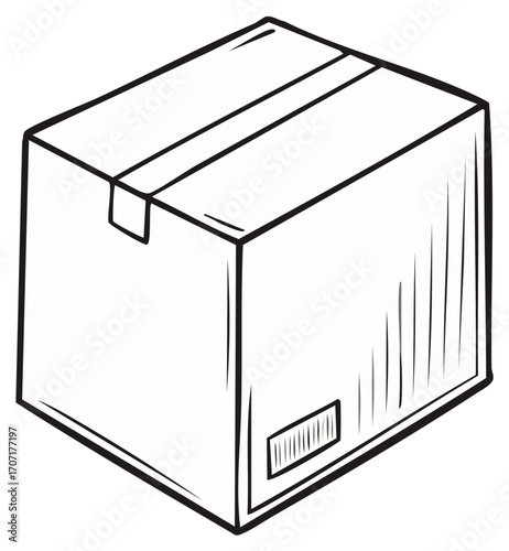 Simple line drawing of a closed cardboard box with tape and label