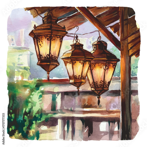 Hanging Lanterns Vector Illustration Decorative Lamps with Warm Light on Transparent Backdrop for Architectural and Atmospheric Designs