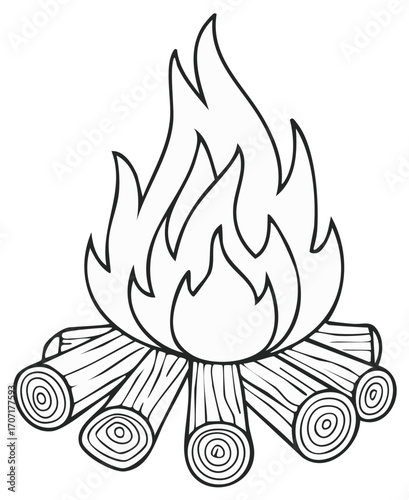 Stylized illustration of a campfire with burning logs and flames