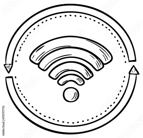 Wireless internet connectivity icon illustration with rotating arrow symbol in sketch style