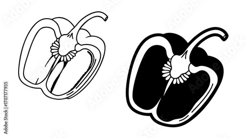 Illustration showing a cut pepper with stem in black and white outline style on a white background created with generated ai 