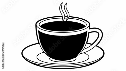 Illustration of a steaming coffee cup filled with dark liquid on a saucer in black and white style created with generated ai 