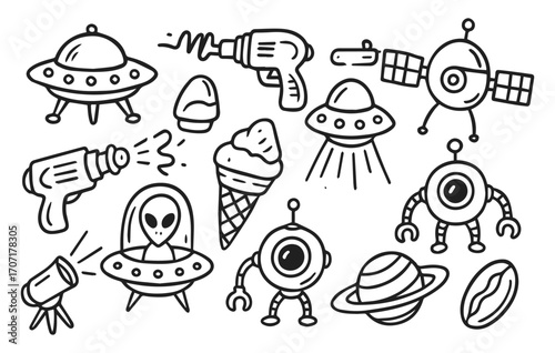 Alien and space doodle collection UFO planet rocket isolated on transparent background, generative ai