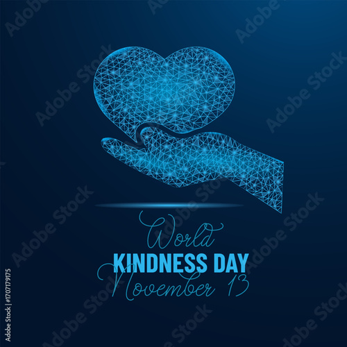 World Kindness Day on November 13 promotes kindness, compassion, empathy, and unity through simple acts of love and generosity worldwide.  Designed in a low poly style background design template.