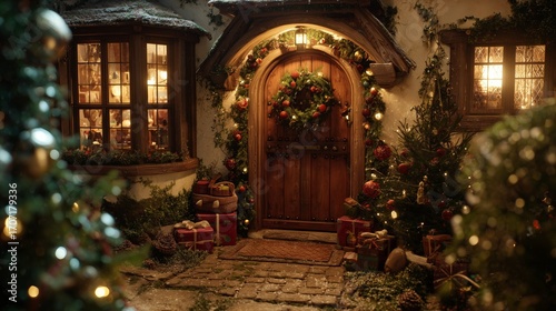 A Christmas background. The house door is decorated with Christmas ornaments. There is a Christmas tree and gifts. Christmas Eve 