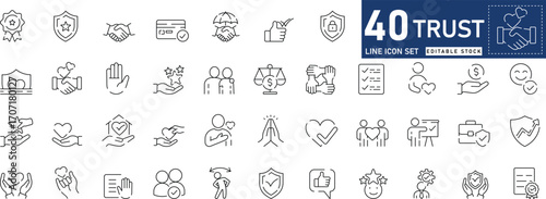 trust line icons set with editable stroke, featuring responsibility, reliability, commitment, unity, trust, consistency, friendship, truth, loyalty, belief, and care. Thin linear vector illustration.